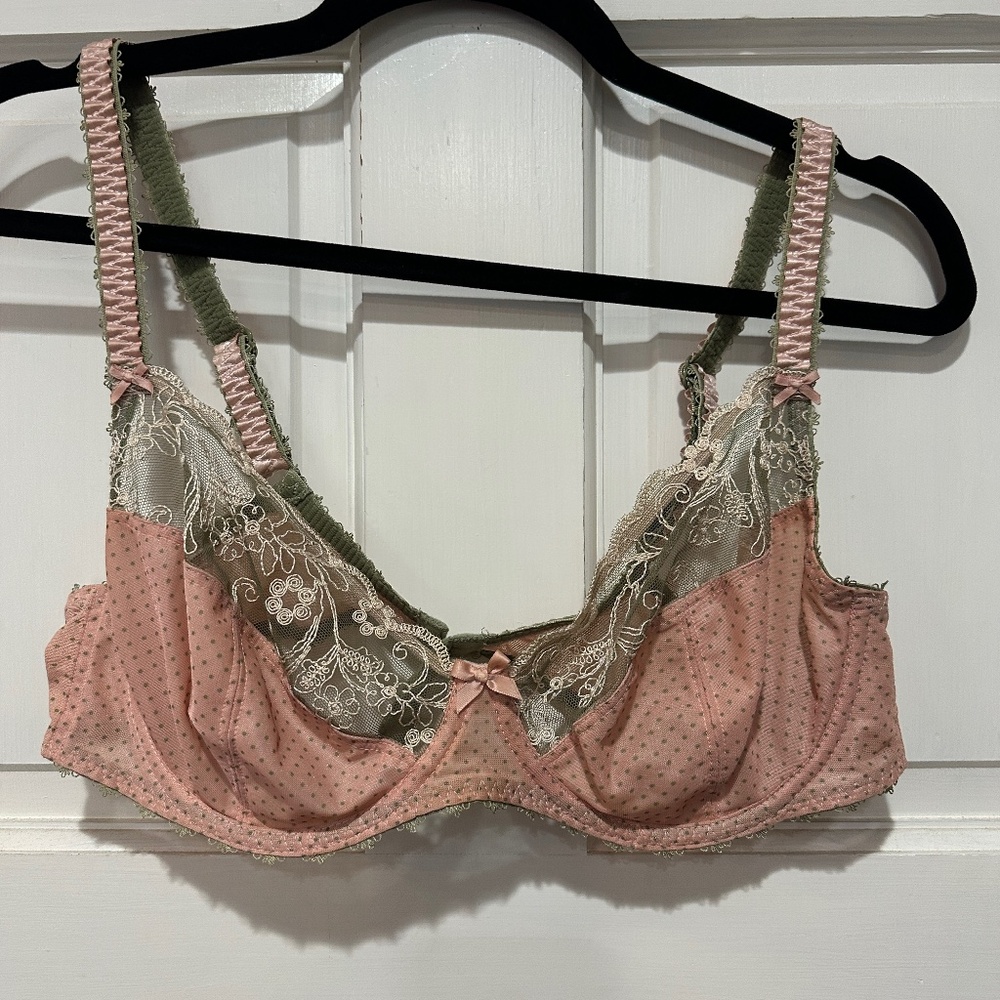 Freya Women's Bra 34DD Underwire Pink Tan Polka Dot White Lace And Floral 34 DD